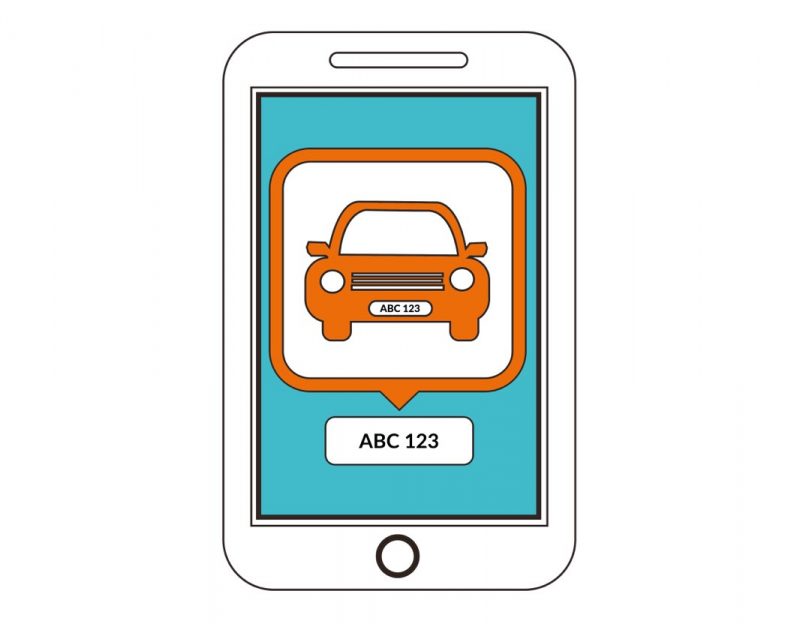 digital ritning av en telefon med bil och registreringsnummer på skärmen. turkos och orange.